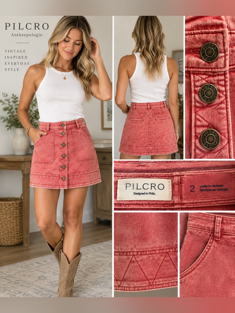 Pilcro Anthropologie Denim Skirt Women’s 2 Coral Red Button Front